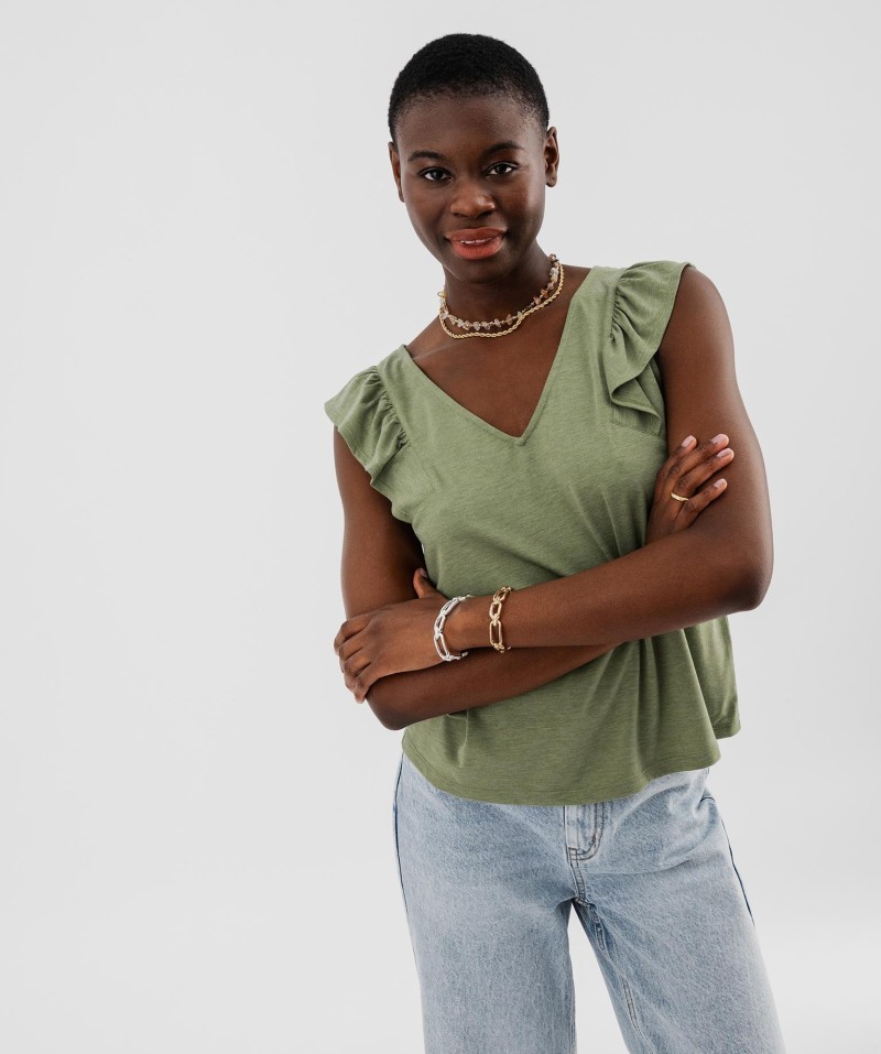 Tee-shirt sans manches pailleté et volanté femme